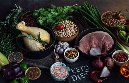 Keto diet concept with ingredients on stone backgroundの写真素材