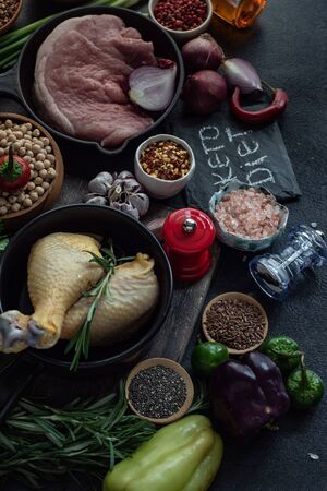 Keto diet concept with ingredients on stone backgroundの写真素材