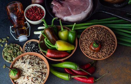 Keto diet concept with ingredients on stone backgroundの写真素材