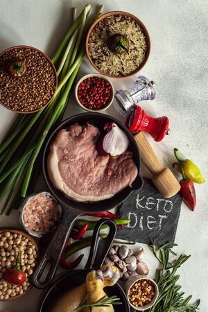 Keto diet concept with ingredients on stone backgroundの写真素材