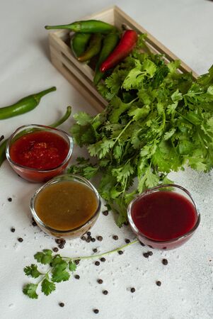 Traditional georgian sauces on stone background on stone backgroundの写真素材