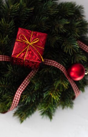 Christmas card concept with holiday decor on stone background with copy spaceの写真素材