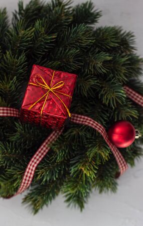 Christmas card concept with holiday decor on stone backgroundの写真素材