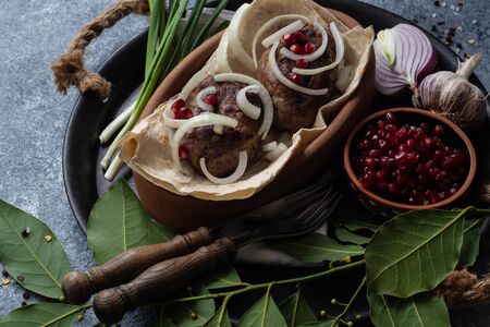 traditional Georgian cuisine cutlet apkhazura on stone backgroundの写真素材