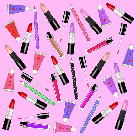 Beautiful, bright, colorful pattern with lip stick, lip gloss, lip pencils. Light pink background.のイラスト素材