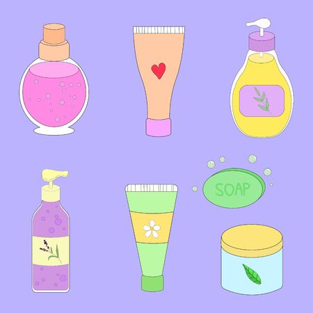Beautiful, colorful, cartoon set with cosmetics. Light blue background.のイラスト素材