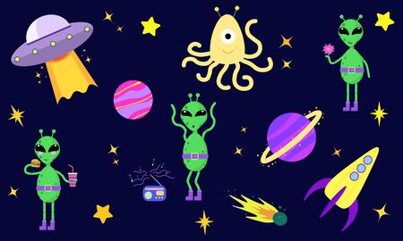 Vector illustration. Cute, cartoon set with aliens, rockets, stars, ufo, planets. Dark blue background.のイラスト素材