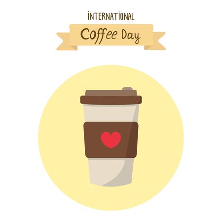 Vector graphics. Beautiful, cartoon illustration of a coffee cup. Hand written words. International Coffee Day text. White background. のイラスト素材