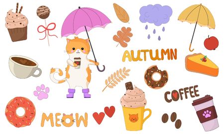 Vector graphics. Beautiful, colorful, bright big cartoon set with cat, sweets, coffee, umbrella, leaves, cloud. Hand written text. Cute illustration. White background. のイラスト素材