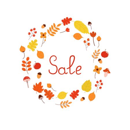 Vector graphics. Simple, cute cartoon illustration with autumn leaves. Hand written text. Set of autumn elements and labels. Isolated illustration.のイラスト素材