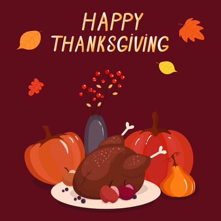 Vector graphics. Beautiful, colorful cartoon illustration. Thanksgiving bright template. Illustration of turkey, pumpkins, berries, leaves. Hand written text. Thanksgiving attributes. Dark background. のイラスト素材