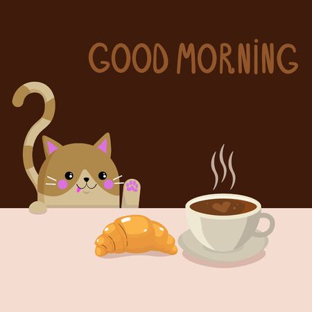Vector graphics. Bright, cute kawaii cat. Cartoon illustration of a cat, coffee, croissant. Handwritten text. Dark background.のイラスト素材
