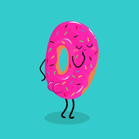 Vector graphics. Colorful, bright illustration of a donut with pink glaze. Funny, comic character. Cartoon illustration of a sweet donut. のイラスト素材