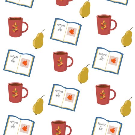 Vector graphics. Cartoon autumnal pattern with book, pear, coffee cup. White background.のイラスト素材