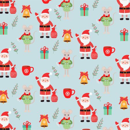Vector graphics. Cute cartoon pattern. Christmas bright background. Christmas characters. Light background.のイラスト素材