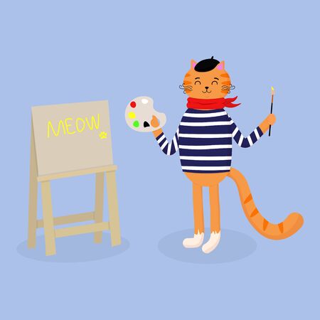 Vector graphics. Adorable, cute cartoon illustration of a  french cat, which draws a picture. Flat cartoon illustration. Funny character. のイラスト素材