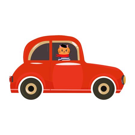 Vector graphics. Cute, funny illustration of a cat  in the car. Funny character. Flat cartoon illustration. Cat, which is driving red car.のイラスト素材