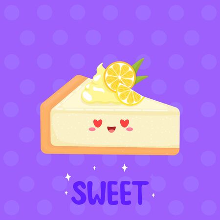 Vector graphics. Cute, beautiful illustration of cheesecake. Flat cartoon illustration. Handwritten text. Funny character with kawaii emoticons. のイラスト素材