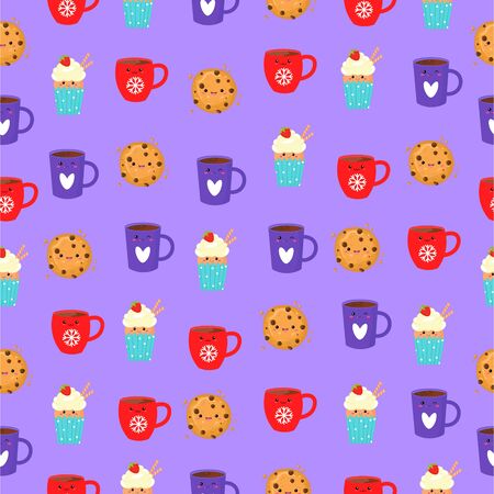Vector graphics. Adorable, cute pattern with cookies, cupcakes, cups. Bright background. Funny cartoon characters. のイラスト素材