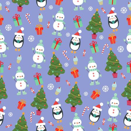 Vector graphics. Adorable, bright festive pattern with penguin, snowman, presents, Christmas tree, cupcakes, candies. Flat cartoon illustration. Funny characters. のイラスト素材