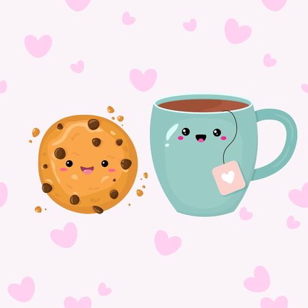Vector graphics. Adorable, cute illustration of tea cup and cookie. Flat cartoon illustration. Romantic greeting card template.のイラスト素材