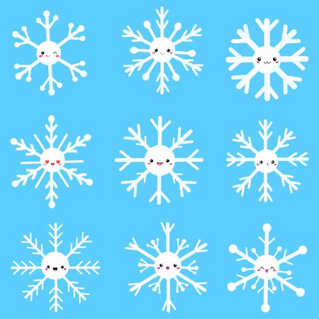 Vector graphics. Adorable, cute illustration of different snowflakes. Kawaii emoticons. Flat cartoon illustration. Funny winter characters.のイラスト素材