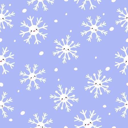 Vector graphics. Adorable, cute pattern with snowflakes. Funny characters. Flat cartoon illustration. Kawaii emoticons. Light background.のイラスト素材