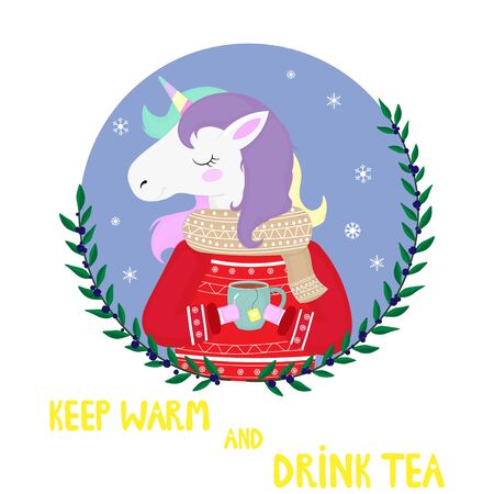 Vector graphics. Adorable, cute illustration of unicorn with tea cup. Funny character. Flat cartoon illustration. Winter greeting card template. Handwritten text. のイラスト素材