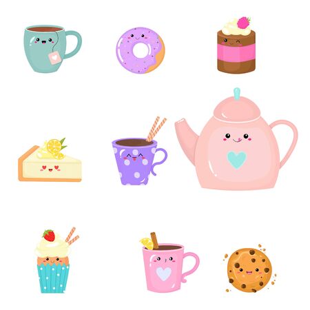 Vector graphics. Adorable, cute set with cups, teapot, cakes. Funny characters. Kawaii emoticons. Flat cartoon illustration. Cozy winter set. のイラスト素材