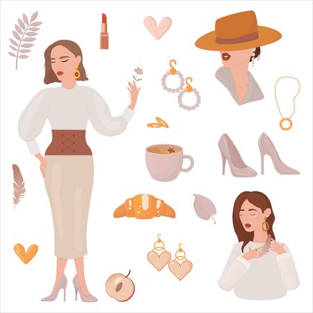 Vector graphics. Adorable, fashionable illustration of girls, accessories. Women's accessories set.のイラスト素材