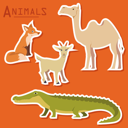Vector illustration of cute animal set including fox, camel, goat and crocodile.のイラスト素材
