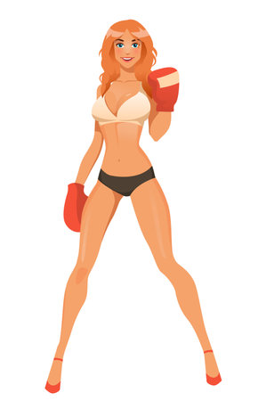 Beautiful kickboxing girl standing straight in boxing glovesのイラスト素材