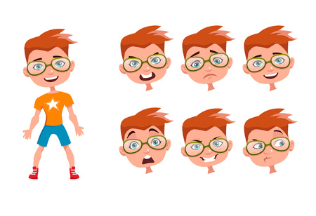 Cute boy character with different expressions. Vector illustration in cartoon styleのイラスト素材