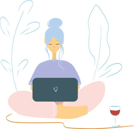 Flat vector illustration. Work from home. young girl working at the computer with a glass of wine.のイラスト素材