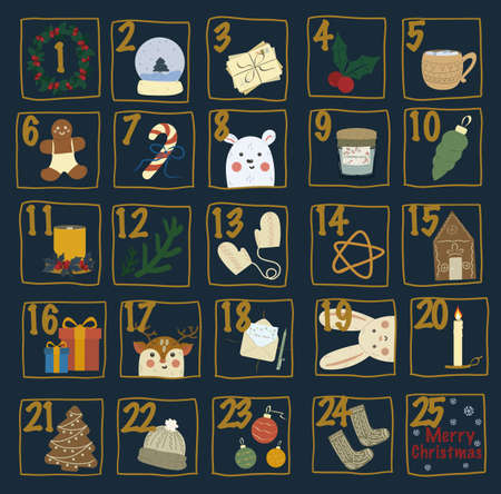 Christmas advent calendar with Winter Holiday Elements in Red, Green, White and Blue. Bunny, Snowflake, deer, bear, sock, wreath, tree, greetings, gifts, candies. Merry Christmasのイラスト素材