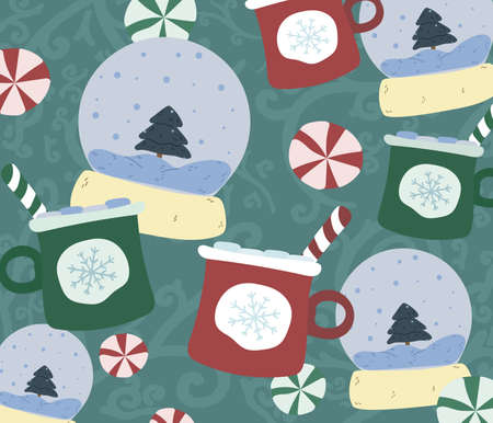 Christmas seamless pattern with snowballs, cups of cocoa and lollipops. Vector Template illustration background card. Cartoon style.のイラスト素材