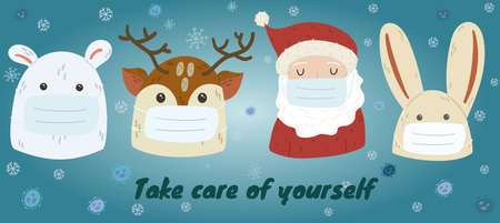 background with warning to wear a mask. Santa Claus, bunny, bear and deer wear masks against virus. Vector illustration. Cartoon style.のイラスト素材