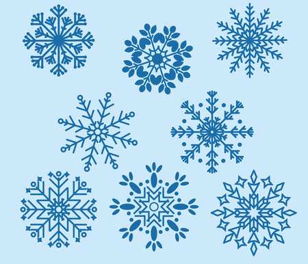 Set of delicate snowflakes on a blue background. Winter selection of snowflakes to decorate your projects. Vector graphics.のイラスト素材