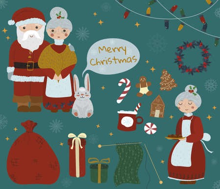 Santa Claus and Mrs. Claus. set of Christmas things. Santa with his wife. Mrs. Claus with cookies on a blue and green background. Ginger cookies with cocoa. Santa bag with gifts. Vector.のイラスト素材