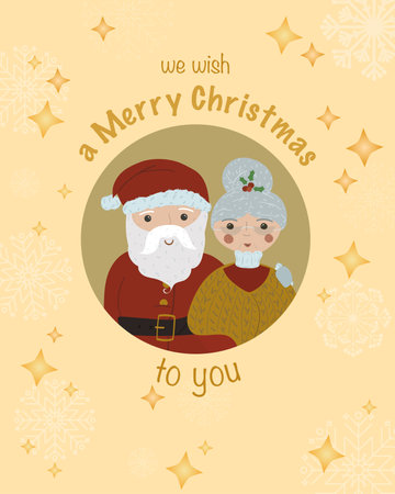 Christmas card with Claus family wishing Merry Christmas. Santa Claus with Mrs. Claus. Yellow card with stars and snowflakes. Cartoon style. Vector illustration.のイラスト素材