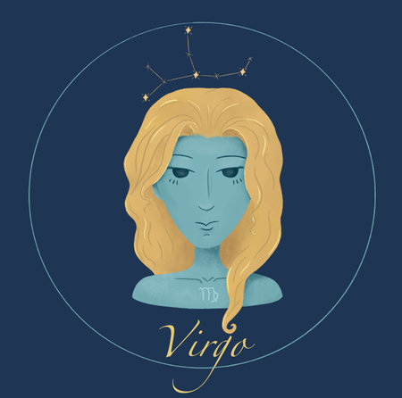 Zodiac card with Virgo. Modern magic witchcraft card with astrology Virgo zodiac sign. Woman head design. Drawn Constellation Virgo.の写真素材