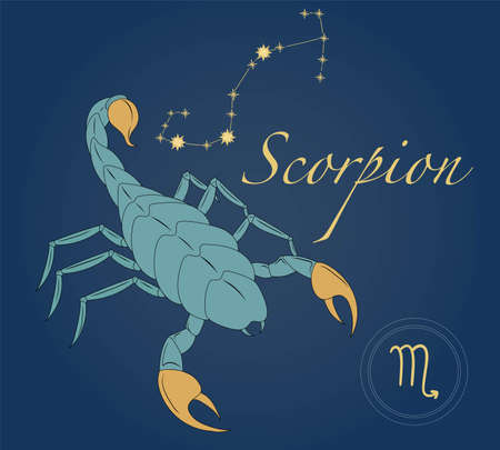 Zodiac sign Scorpion horoscope symbol in vector. Mystical astrology elements. Green scorpion with gold sting and claws. Constellation Scorpio. Illustration for calendar, cards, banners and other.のイラスト素材