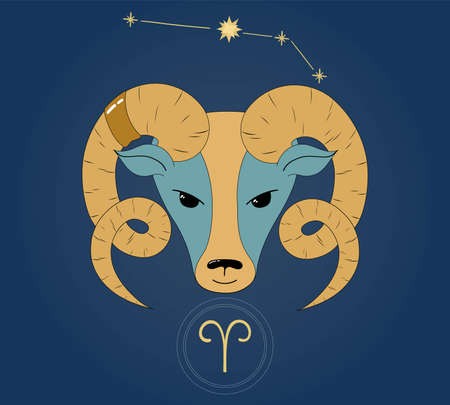 Zodiac sign - Aries. The animal is depicted on a dark blue background with the constellation Aries. Vector Illustration.のイラスト素材
