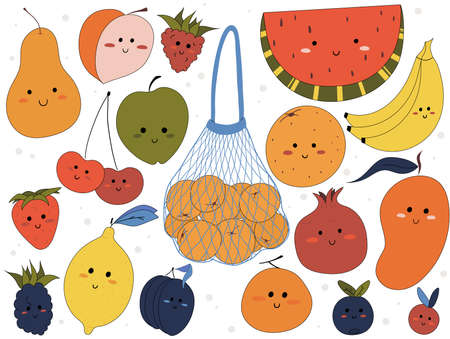 Big collection cartoon cute fruit. Organic orange in wicker bag for shopping on white background. eco shopping bag concept. cherries, strawberries, watermelon, berries. Flat vector illustration.のイラスト素材