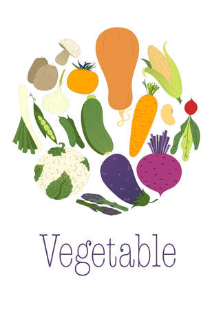 Set doodle organic vegetables. circle with different seasonal vegetables.のイラスト素材