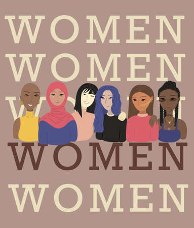 Women of different nationalities. girl power card. A greeting card. International Womens Day. March 8th. Feminists. Together. flat vector poster, card.のイラスト素材