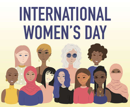 International Womens Day card with strong girls of different cultures and ethnicities stand together. Vector concept of gender equality and of the female empowerment movement.のイラスト素材