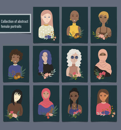 Portraits of beautiful women of different skin color, age, hairstyle, face types. Avatars of diverse fashionable female characters isolated on white background. Flat vector cartoon illustration.のイラスト素材