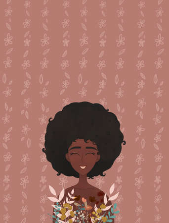 Womens day card with a dark-skinned girl smiling. girl power card. young girl with a big bouquet. Concept for the Mothers day, Valentines day, March 8 womens day. Cartoon illustration.の写真素材
