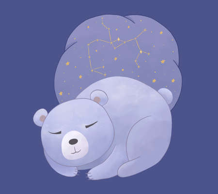 Cartoon childrens illustration of a polar bear sleeping near the clouds. A cloud with the constellation of Sagittarius. For poster, card, t-shirt, clothing, baby shower celebration, baby zodiac etc.の写真素材